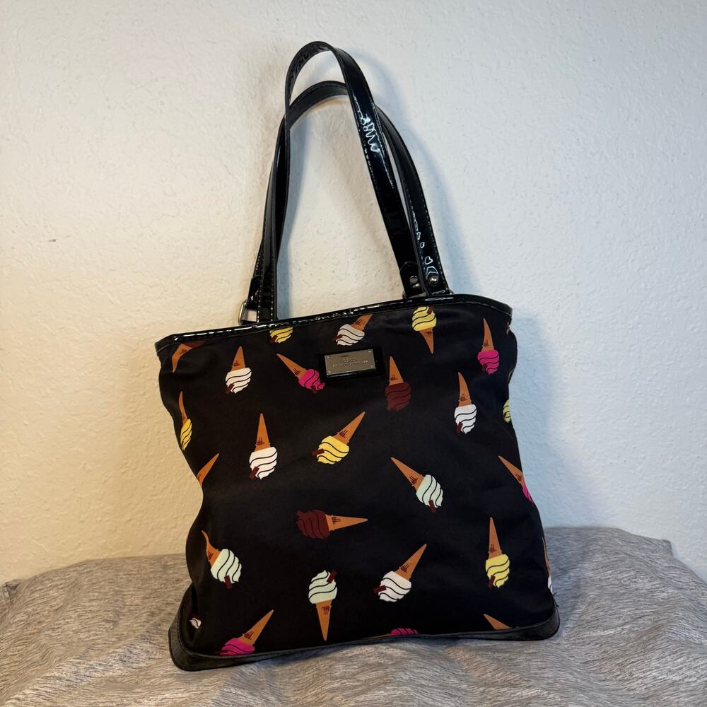 Lulu Guinness Purse Double Handle Tote Bag Black Ice Cream Cone Print Summer Fun